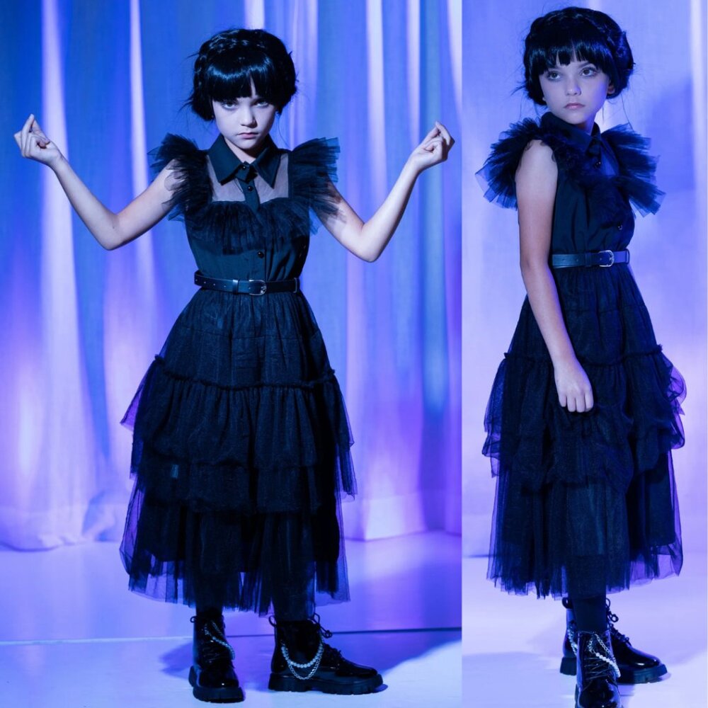 Girls Wednesday Prom Dance Tulle Costume Dress with Belt - Picture 2 of 6
